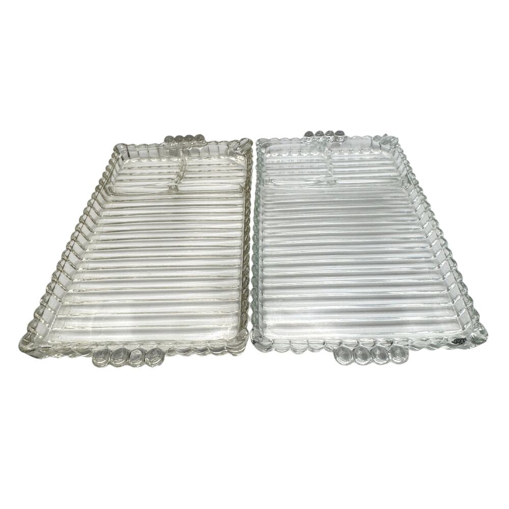 Vintage Clear Glass Cigarette Trinket Trays Beaded Edge Ribbed Pair of 2